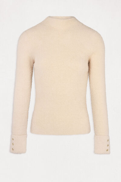 Pull manches longues maille duveteuse beige femme