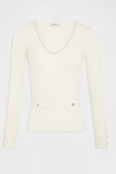 Pull manches longues côtelé à col en V ivoire femme