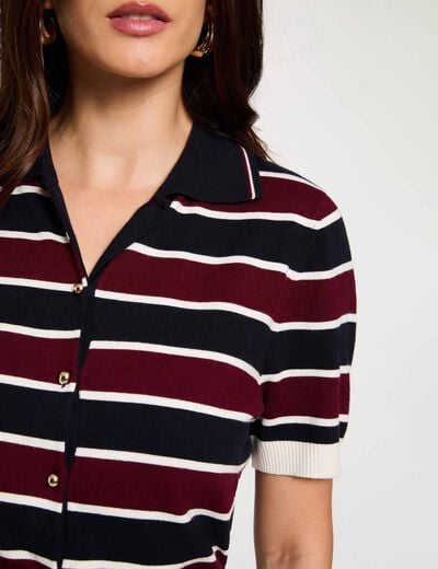 Pull col polo ray&eacute; bordeaux femme
