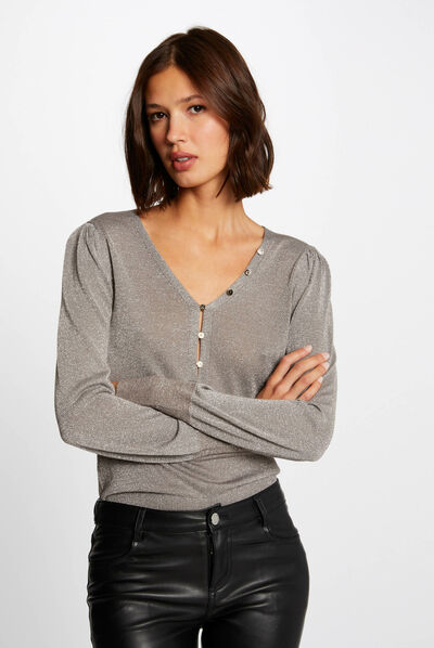 Pull manches longues avec boutons taupe femme