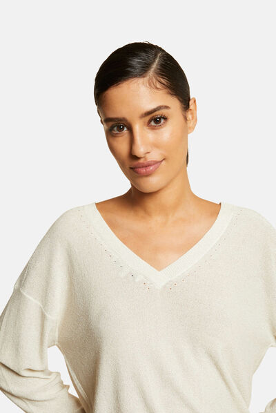 Pull manches longues à col rond ivoire femme
