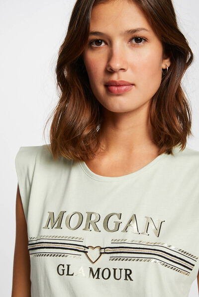 T-shirt manches courtes à inscription vert clair femme