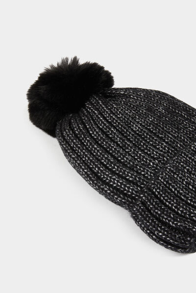 Bonnet avec pompon et fils métallisés noir femme