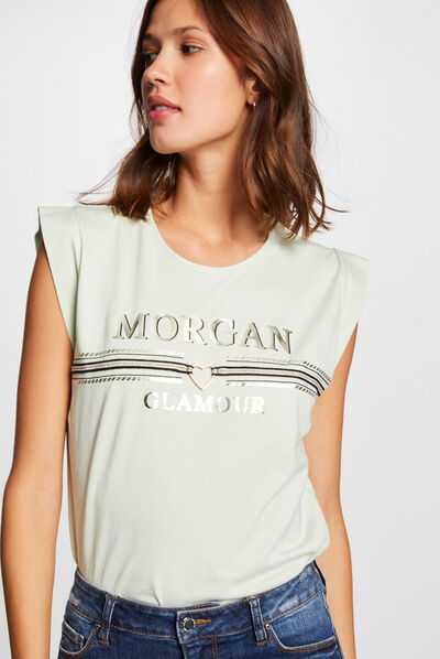 T-shirt manches courtes à inscription vert clair femme