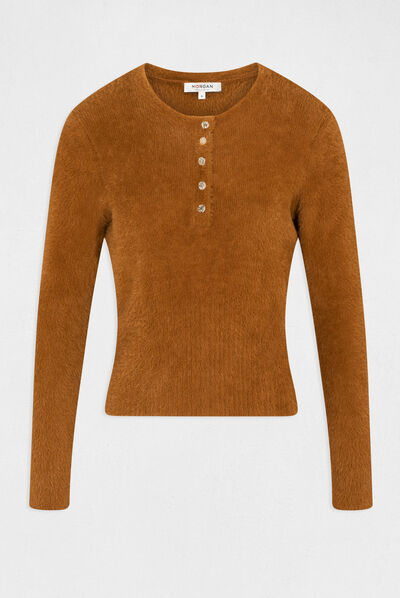Pull manches longues à col rond caramel femme