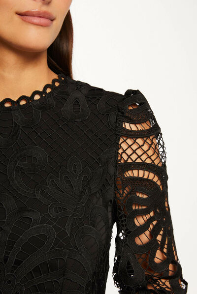 Robe trapèze en dentelle à volants noir femme