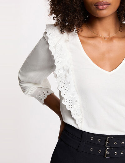 T-shirt brod&eacute; col v blanc femme
