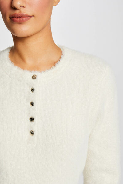 Pull manches longues à col rond ivoire femme