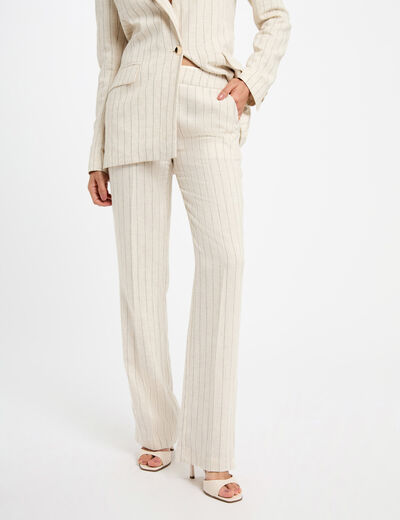 Pantalon large ray&eacute; beige femme