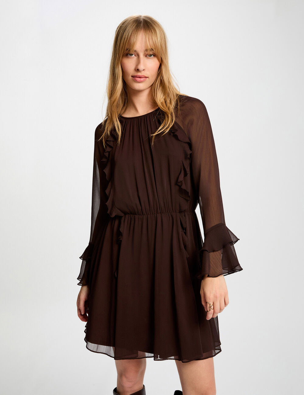 Robe courte fluide marron fonc&eacute; femme