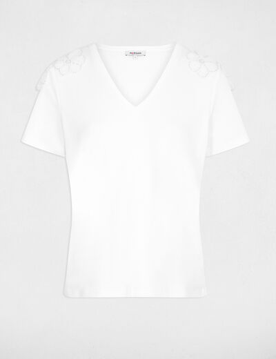 T-shirt col v manches courtes blanc femme