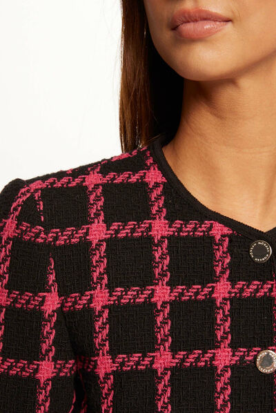 Veste droite col rond à carreaux noir femme