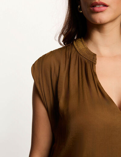 Blouse manches courtes satin camel femme