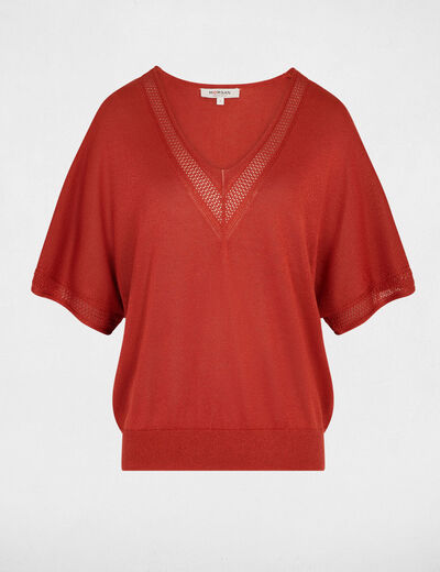 Pull col en V manches courtes orange fonc&eacute; femme