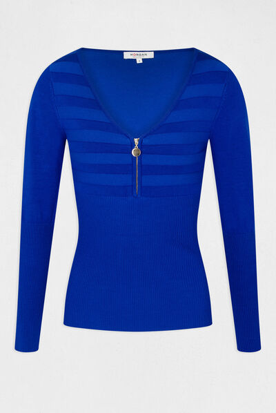 Pull manches longues à détail zippé bleu electrique femme