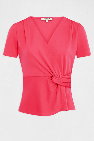 T-shirt manches courtes col cache-coeur framboise femme