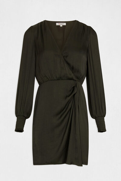 Robe cintrée drapée satin vert fonce femme