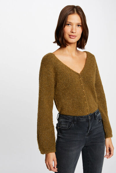 Pull manches longues avec col en V vert moyen femme
