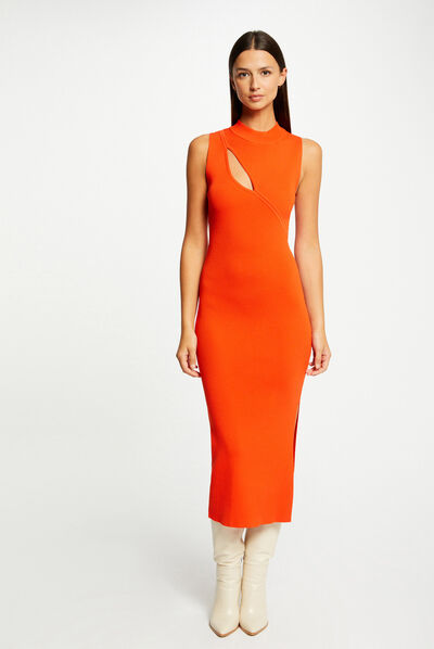 Robe pull longue ajustée avec fente orange femme