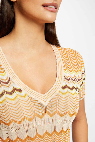 Pull manches courtes imprimé chevron orange femme