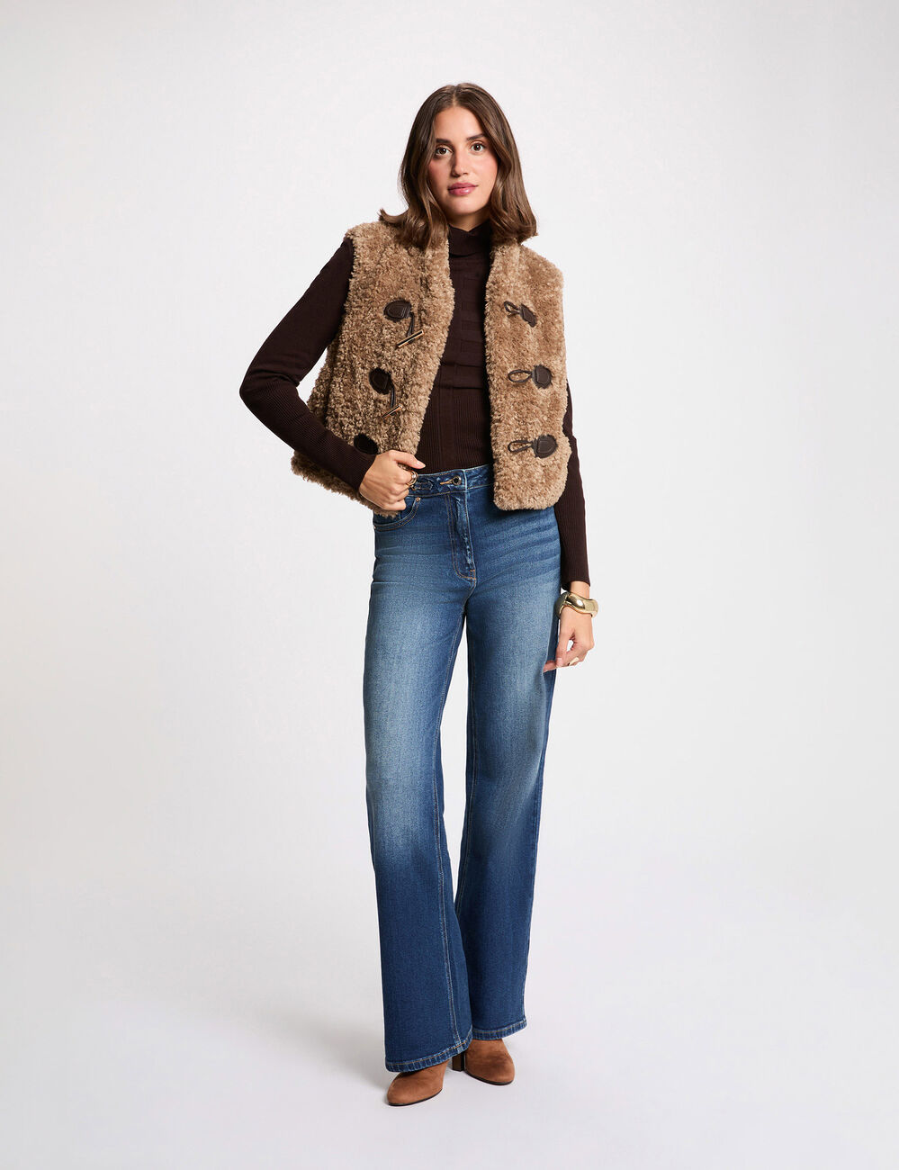 Gilet sans manches col ch&acirc;le marron femme