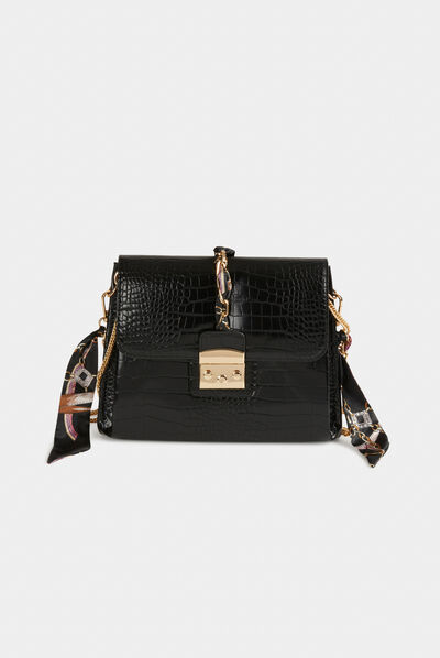 Sac pochette aspect croco avec foulard noir femme