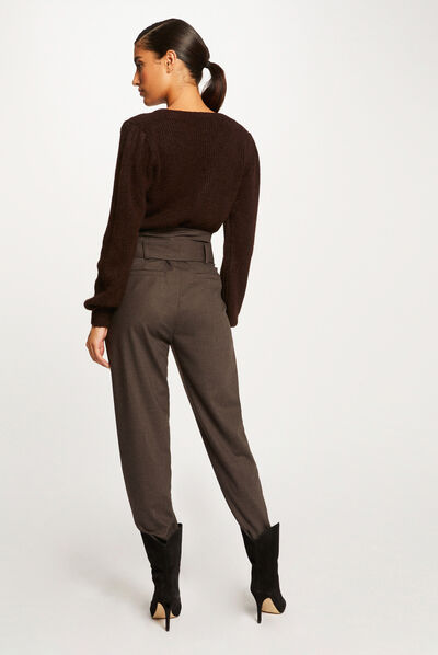 Pull manches longues à col en V marron fonce femme