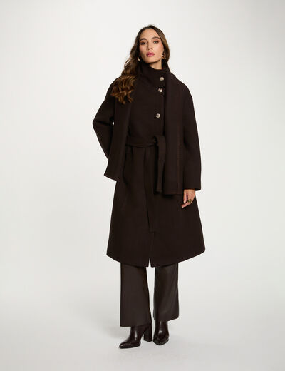 Manteau long col montant marron fonc&eacute; femme