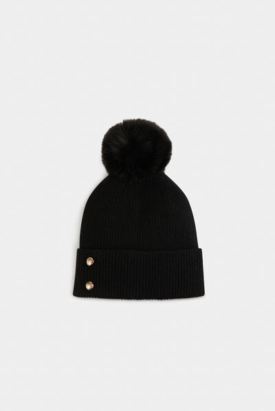 Bonnet avec boutons et pompon noir femme