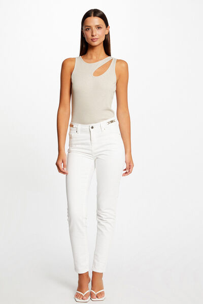 Jeans ajusté à ornements métalliques ecru femme