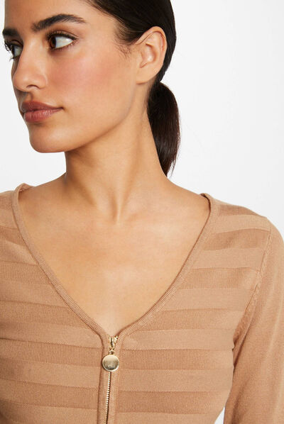 Pull manches longues à détail zippé camel femme