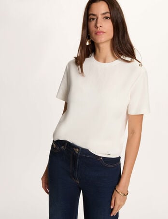 T-shirt col rond boutons blanc femme