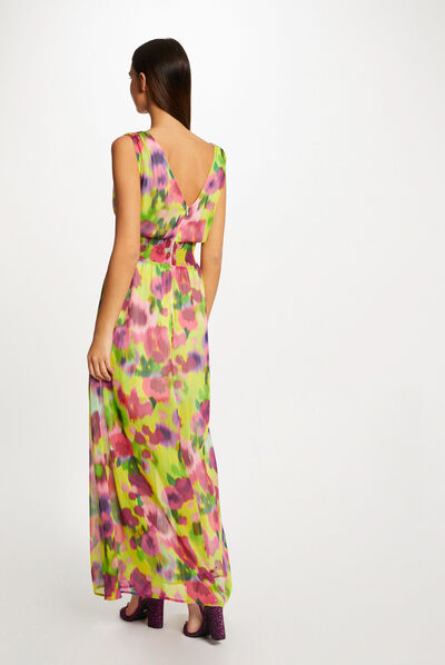 Robe longue cintrée imprimé abstrait multico femme