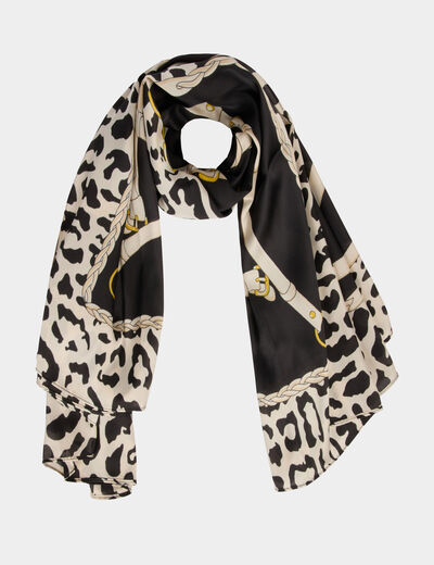 Foulard satin&eacute; l&eacute;opard noir femme