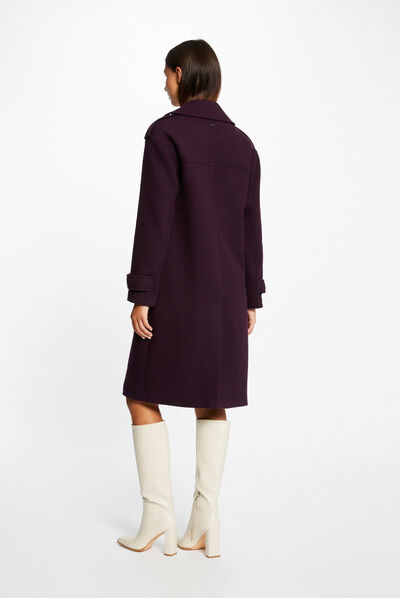 Manteau long droit double boutonnage violet fonce femme