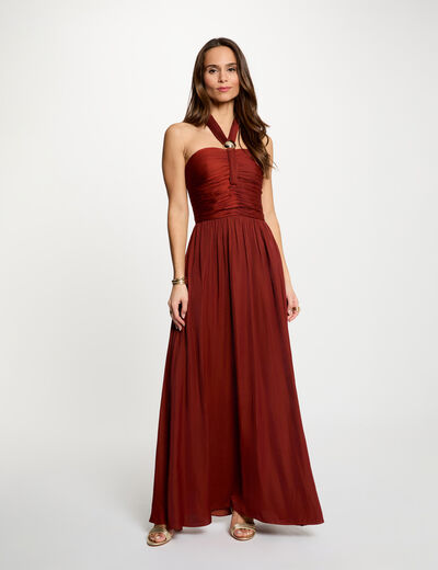 Robe longue col nou&eacute; marron cognac femme