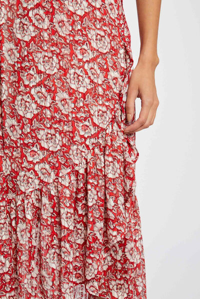 Jupe midi évasée imprimé floral rouge femme