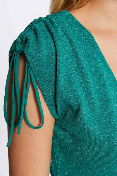 Pull manches courtes lien à coulisse vert moyen femme