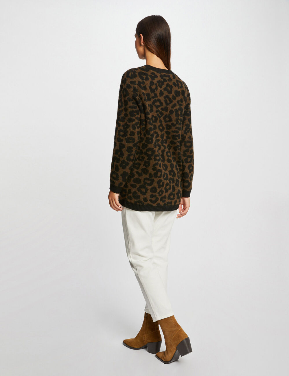 Gilet mi-long imprim&eacute; l&eacute;opard noir femme