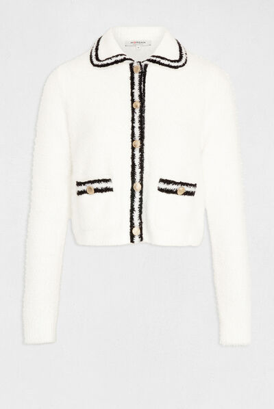 Gilet boutonné à bandes contrastantes ecru femme