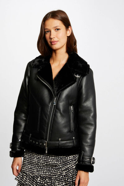 Blouson droit simili cuir noir femme