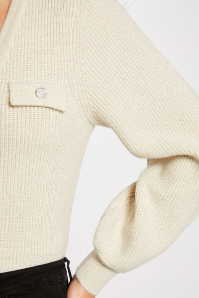 Gilet manches longues à col en V beige femme