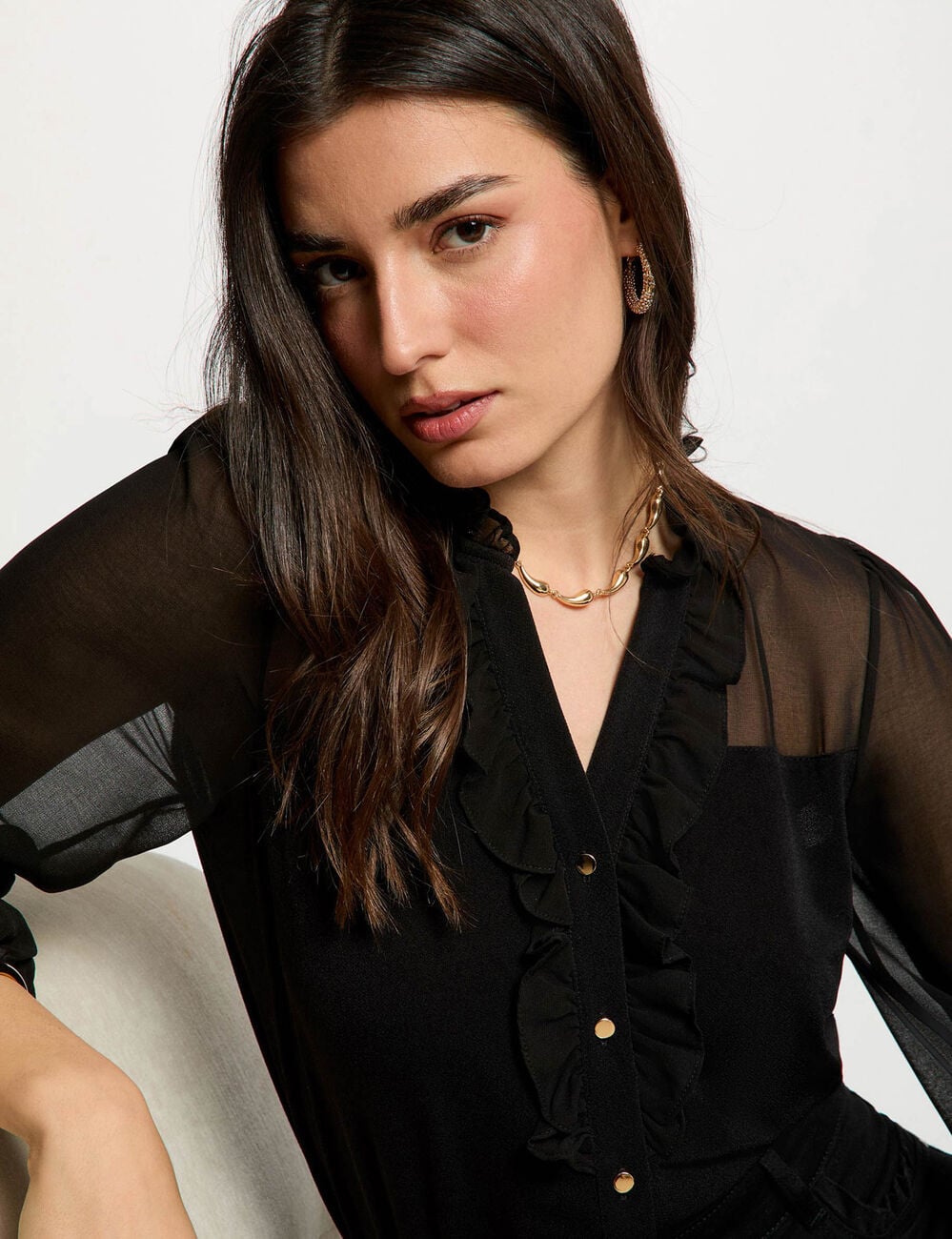 Chemise voile col v noir femme