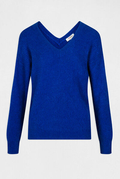 Pull manches longues à col en V bleu electrique femme