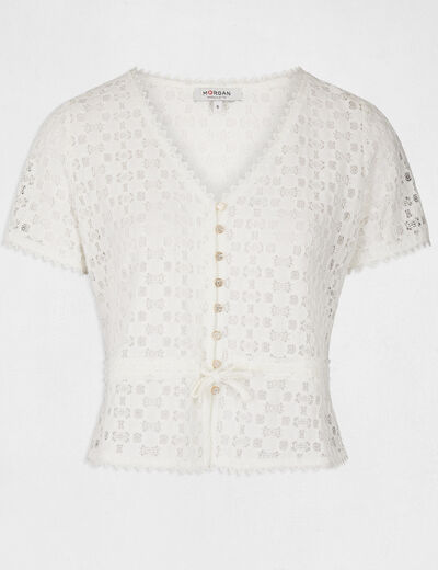 T-shirt manches courtes en dentelle ivoire femme