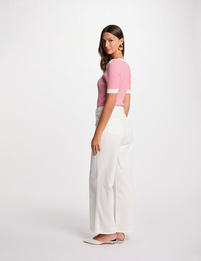 Pull col rond ray&eacute; rose fushia femme