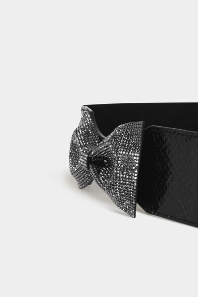 Ceinture élastiquée avec noeud strass noir femme