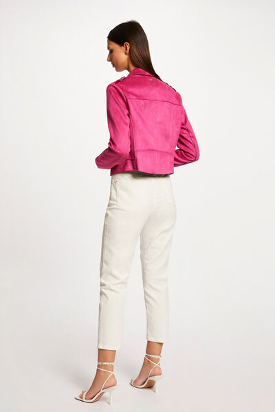 Blouson droit aspect suédine framboise femme