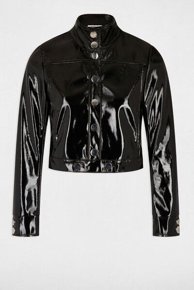 Blouson court droit aspect vinyle noir femme