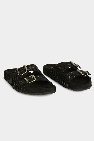Mules à strass et boucles noir femme